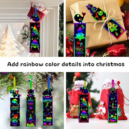 100Pcs Scratch Art Bookmarks Making Kit for Kids, Scratch Paper DIY Animal Bookmarks Bulk with 100 Pcs Ribbons and 100 Pcs Wood Stylus for Classroom Activities Craft Supplies Party Favors