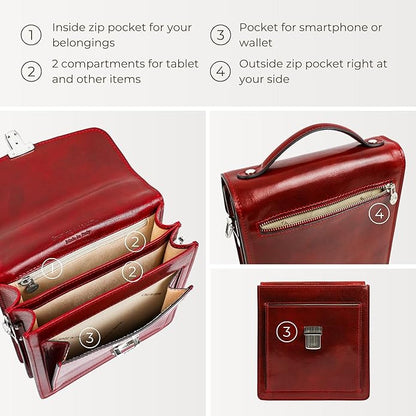 Time Resistance Small Leather Briefcase for Men - Crossbody Bag - Italian Leather Messenger Bag - Gift Box Included