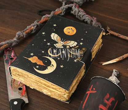Handmade Leather Journal, Black, Sun & Moon Design, 8 x 6 Inch, 200 Unruled Pages, Hand Embossed, Deckle Edge Paper, Brass Clasp Lock, Vintage Notebook Diary, Sketchbook for Artists & Writers