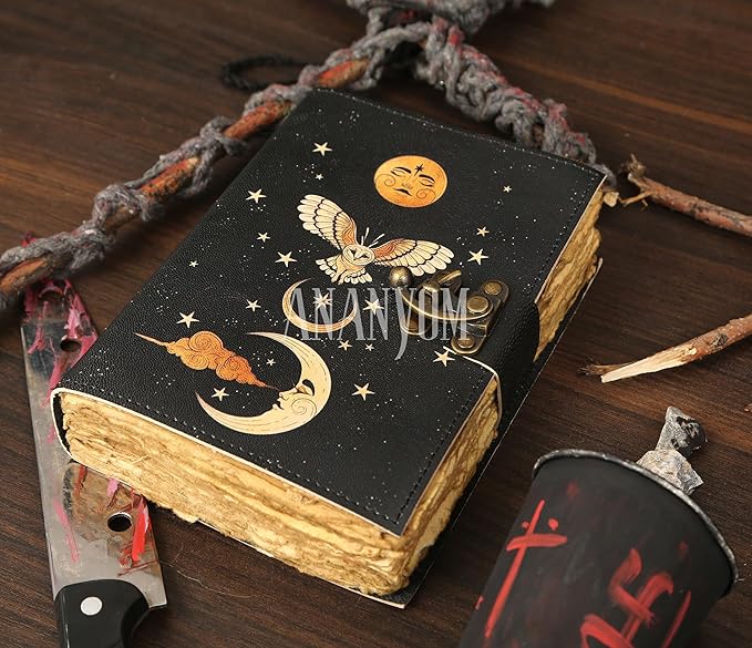Handmade Leather Journal, Black, Sun & Moon Design, 7 x 5 Inch, 200 Unruled Pages, Hand Embossed, Deckle Edge Paper, Brass Clasp Lock, Vintage Notebook Diary, Sketchbook for Artists & Writers