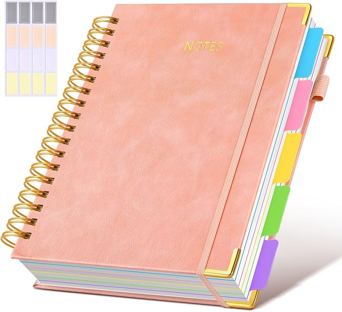 Hardcover Spiral Notebook Journal with Removable Dividers Tabs, 300 Pages Leather 5 Subject Notebook College Ruled, 8"x10" Large B5 Notebooks for Work School Note taking, Lined Journal for Women, Pink