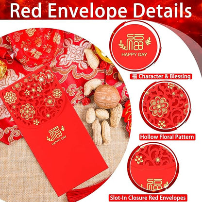 20 Pcs Chinese New Year Red Envelopes, 3.4 x 7 Inches Large 福 Hong Bao Lucky Money Cash Envelopes, Elegant Floral Design Red Packets Lai See for Spring Festival, Lunar New Year, Weddings, Birthdays