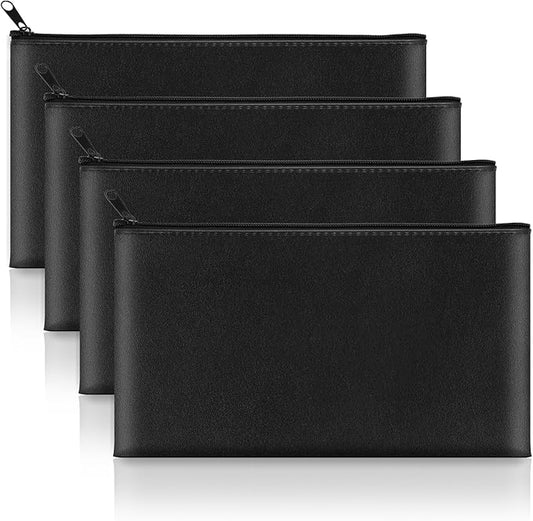 4 Pack Money Bags with Zipper, 11x6.1 Inch PU Leather Cash Pouch, Secure Bank Bag for Coins, Bills, Checks, Invoices, Cosmetics, Tools (Black)