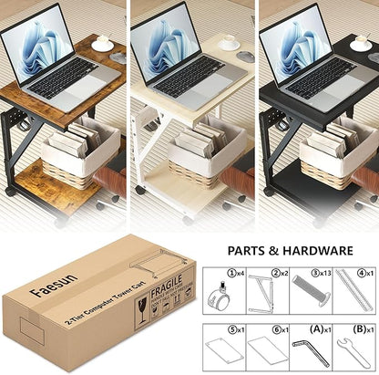 Computer Tower Cart - Height Adjustable PC Stand, 2-Tier ATX-Case CPU Holder Home Office Gaming Desk Accessories with Rolling Lockable Wheels, Laptop Table Standing Computer Desk, Rustic Black