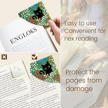 Cute Black Cat Corner Bookmarks, Funny Leather Book Accessories for Book Lovers, 3 Pcs Reading Book Page Markers for Women Men Student Teacher Girls Boys Kids Retirement Birthday Gifts