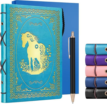 Light Blue A5 Horse Gifts for Women Girls Faux Leather Vintage Notebook Inspirational Horse Trainer Gift Hardcover Executive Notebook,200 Pages 120 Gsm Thick Ruled Paper With Pen,Horse Lover Gifts Equestrian Gift (Horse Light Blue)