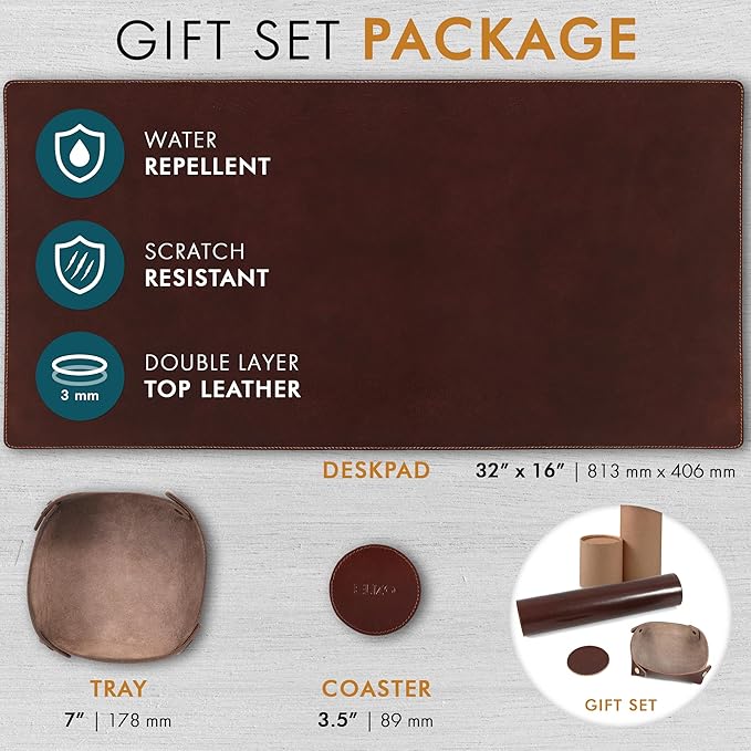 Elizo Leather Desk Mat Desk Pad Blotter Set - Real Full-Grain Leather (32x16) 2-Layer Genuine Desk Cover Protector & Large Mouse Pad | Computer Keyboard Desk Accessories for Office & Home Bourbon