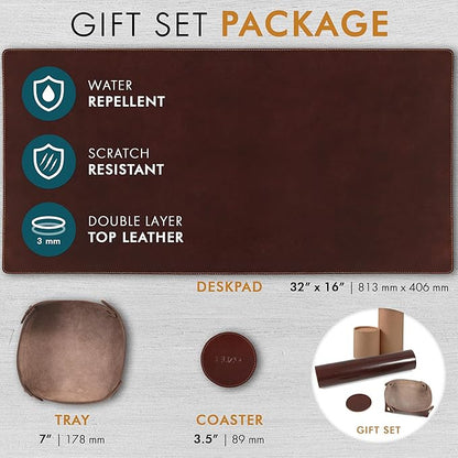 Elizo Leather Desk Mat Desk Pad Blotter Set - Real Full-Grain Leather (32x16) 2-Layer Genuine Desk Cover Protector & Large Mouse Pad | Computer Keyboard Desk Accessories for Office & Home Bourbon