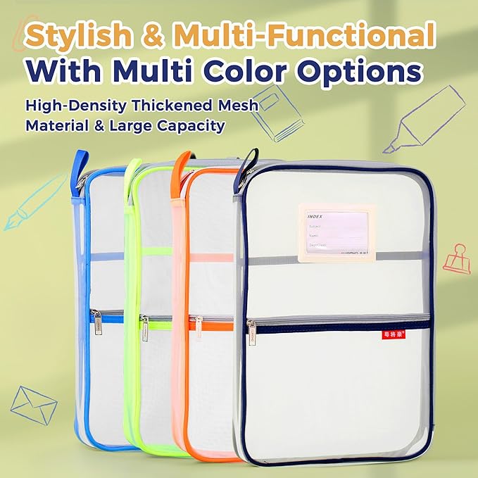 Pendancy Mesh Zipper Pouch 14.8x10.8 in Transparent Lightweight Nylon File Folders, A4 Size Multi-Layer Subject Document Organizer Accessories Storage Bag for Office and School Supplies(Dark Blue)