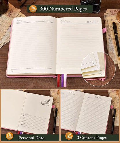 Vintage Leather Journal - 300 Page Lined Journal Notebook with Numbered Pages,A5 Notebook for Women Men,Travel Diary,Daily Journal for Writing, Note Taking, School & Work (5.8" x 8.3")