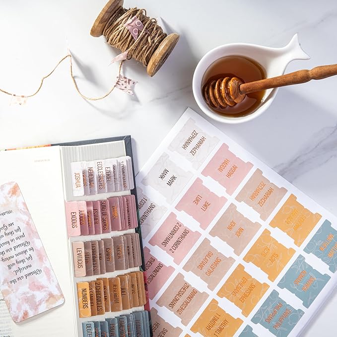 DiverseBee Laminated Bible Tabs (Gold Embossed Lettering), Bible Study Journaling Supplies, Bible Book Tabs, 73 Bible Tabs for Women and Men, Includes 4 Blank Tabs (Honeydew)