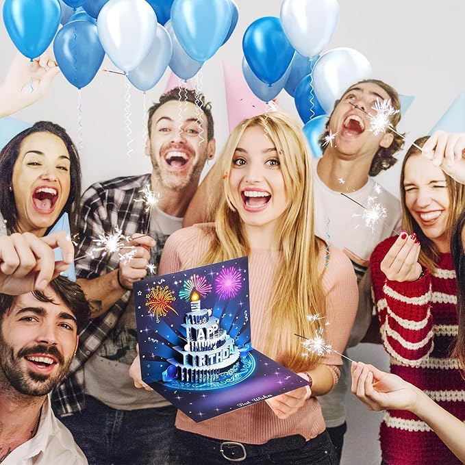 Musical Birthday Cards, 3D Pop Up Card with Music and Light, Firework Greeting Card with Interactive Blowable Candle, Birthday Gift for Her Him Mom Grandma Wife Husband (Blue and Silver)