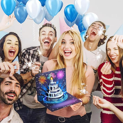 Musical Birthday Cards, 3D Pop Up Card with Music and Light, Firework Greeting Card with Interactive Blowable Candle, Birthday Gift for Her Him Mom Grandma Wife Husband (Blue and Silver)
