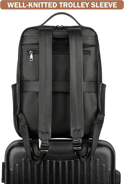 MASINTOR 15.6 inch PU Leather Laptop Backpack Purse for Women, Large College Casual Backpack Travel Bag Black