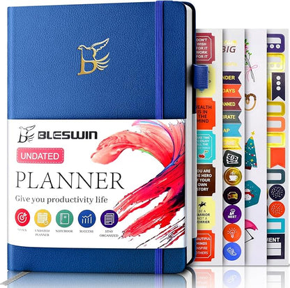 Leather Planner Monthly & Weekly 5.7"x8.5", Undated Productivity & Business Planner, Academic Planner to Boost Productivity, Undated School Planner Notebooks for Women Men with Note Pages