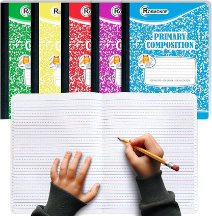 Composition Notebooks Primary Ruled 50 Pack, 200 Pages (100 Sheets), Color Marble Composition Notebook, Sewn Binding Hard Cover, Primary Composition Notebook for Kids, Writing Dotted Lined
