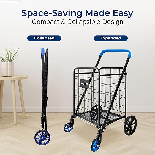 SereneLife Utility Shopping Supermarket Cart, 360 Rolling Swivel Front Wheels, Collapsible Utility Cart, Heavy Duty, Portable, 3.5" D x 19.5" W x 38" H, Large Capacity 110 lbs, Luggage, Laundry, Blue
