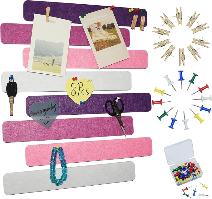 8Pcs Bulletin Board Strips, Purple Rose Felt Pin Board Bar Strips with 50 Pushpins, Self-Adhesive Felt Cork Board Strips for Wall to Display Your Notes, Photos, Schedules, Announcements