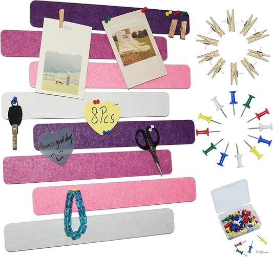 8Pcs Bulletin Board Strips, Purple Rose Felt Pin Board Bar Strips with 50 Pushpins, Self-Adhesive Felt Cork Board Strips for Wall to Display Your Notes, Photos, Schedules, Announcements