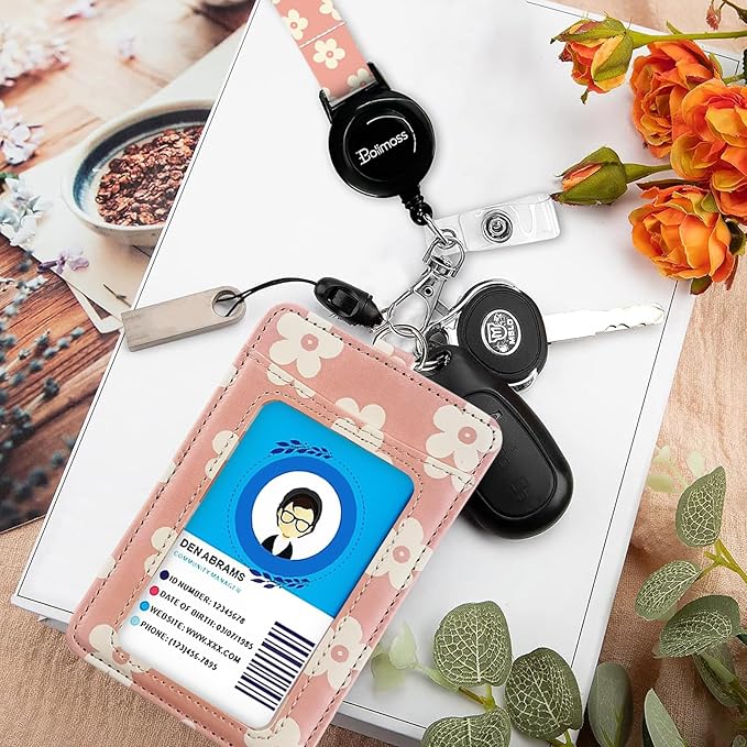 bolimoss Cute Leather Badge Holder and Adjustable Retractable Lanyards, Quick Release Buckle and Safety Breakaway Lanyards with Swivel Metal Clasp for Offices, Teacher, Student (Pink Groovy Flowers)