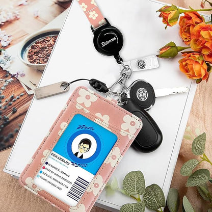 bolimoss Cute Leather Badge Holder and Adjustable Retractable Lanyards, Quick Release Buckle and Safety Breakaway Lanyards with Swivel Metal Clasp for Offices, Teacher, Student (Pink Groovy Flowers)