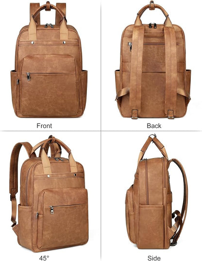 MASINTOR Leather Laptop Backpack for Women, Stylish Computer Backpack College Business Work Shoulder Bags Work and Travel Mocha Brown