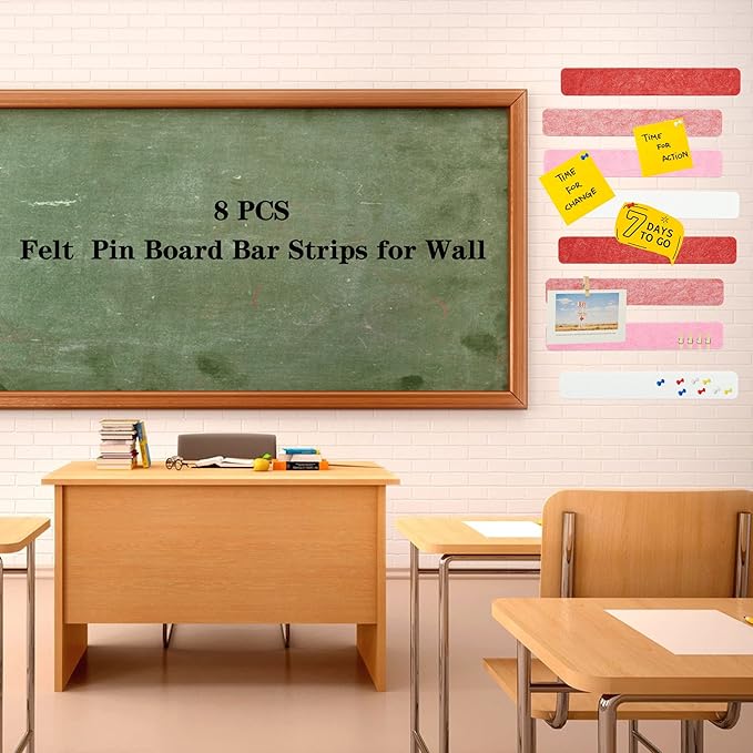 Red & White Bulletin Board Strips, 8Pcs Felt Pin Board Bar Strips with 50 Pushpins, Self-Adhesive Felt Cork Board Strips for Wall to Display Your Notes, Photos, Schedules, Announcements