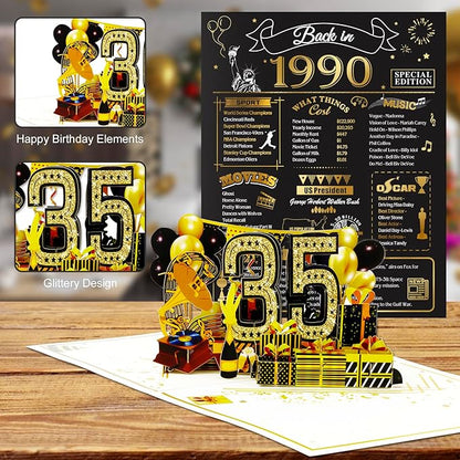 35th Birthday Card for Men Women, 3D Pop Up 35th Birthday Gifts Cards for Him Her, Back In 1990 Funny 35 Year Old Birthday Decorations