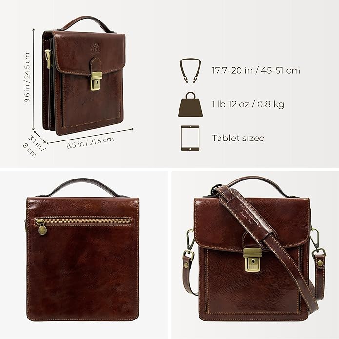 Time Resistance Small Leather Briefcase for Men - Crossbody Bag - Italian Leather Messenger Bag - Gift Box Included