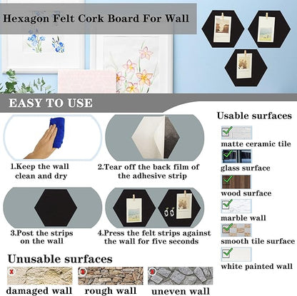 6Pcs Black Hexagon Bulletin Board Strips,Black Felt Pin Board Bar Strips with 50 Pushpins, Self-Adhesive Felt Cork Board Strips for Wall to Display Your Notes, Photos, Schedules