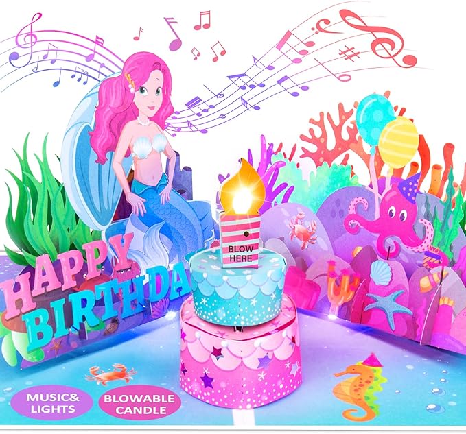 Birthday Card with Light&Music, Mermaid 3D Pop up Greeting Cards with Blowable Candle Birthday Gifts for Women Girls Daughter Sister Kids