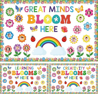 Kosiz Spring Flower Bulletin Board Decorations Set Great Minds Bloom Here Classroom Decorations Colorful Butterfly Rainbow Cloud Paper Cutouts with Floral Borders for School Chalkboard Wall Door Home