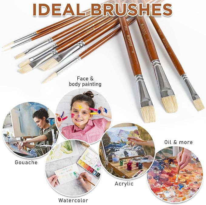 10pcs White Hog Hair Artist Paint Brush Set by DUGATO Perfect for Acrylic Oil Gouache Watercolor, Painting Brushes Kit for Kids, Adults Fabulous for Canvas & Fabric