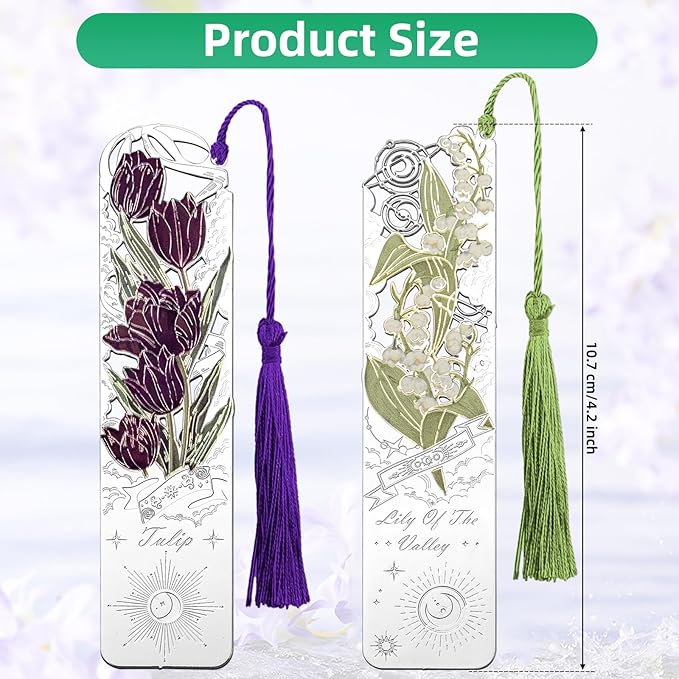 2 PCS Metal Bookmarks with Tassel, Tulip, Lily of The Valley Bookmark, Pretty Bookmarks for Women, Very Beautiful Bookmark, Metal Bookmarks Gifts, Graduation Gift(062-4)