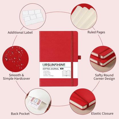 Dotted Journal/Notebook - Dot Grid Hard Cover Notebook, Premium Thick Paper with Fine Inner Pocket, Black Smooth Faux Leather, Pen Loop, 5.3'' x 8.26'' - Red