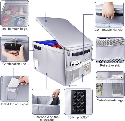 File Box with Lock, Fireproof Document Box File Organizer Box, Portable Office Collapsible File Storage with Reflective Strip for Hanging Letter/Legal Size Folder/Certificate