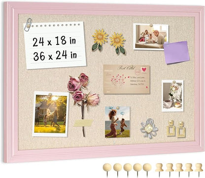 Large Cork Board with Linen, 36" x 24" Hanging Pink Wood Framed Bulletin Board, Picture Display Vision Board Corkboards for Wall Room School Office Decor, 10 Pushpins, 1 Pack