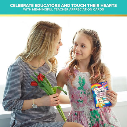 Decorably 24 Pack 4x6in Teacher Appreciation Cards with Envelopes and Stickers, 8 Colorful Designs Teacher Thank You Cards from Students with Printed Message Inside
