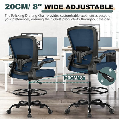 FelixKing Drafting Chair Ergonomic Tall Office Chair, Breathable Mesh Chair with Adjustable Footrest Ring Lumbar Support Flip-up Armrests, High Back Executive Comfy Task Computer Chair for Home Office