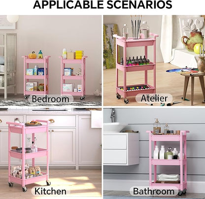 3-Tier Utility Rolling Cart with Cover Top Board, Mobile Utility Cart with Lockable Casters Multi-Functional Storage Trolley for Office, Bathroom, Kitchen, Garden, Laundry Room (Pink)