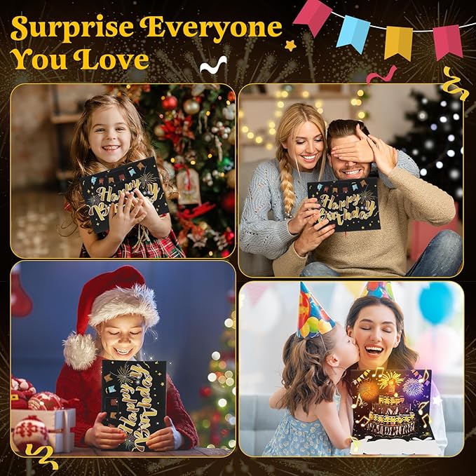 3D Pop-Up Birthday Card with LED Lights & Blowable Candle – Interactive Music Greeting Card for Women, Men, Kids Black