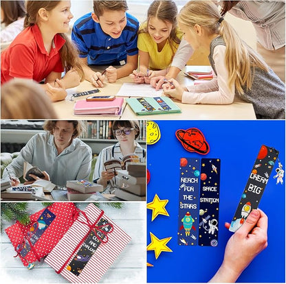 Christmas Space Theme Bookmarks with Metal Charms Planet Rocket Space Ship Theme Bookmarks Inspirational Quotes Bookmarks for Space Christmas Party Favors Gifts Kids Boys Girls Encourage(72 Pieces)