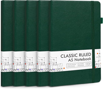 feela 5 Pack Journal Notebook Bulk for School, Hardcover Business Notebooks Classic Ruled Lined Journals with Pen Holder for Work Note Taking, with 5 Black Pens, 120 GSM, 5.1”x8.3”, A5, Dark Green