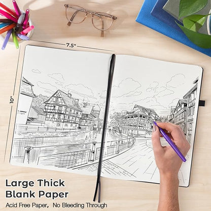 Blank Notebook, Hardcover Sketch Book, 8.5" x 11" Large Blank Journal, No Bleed Thick Paper Sketchbook for Drawing, Unlined Notebook Journal for Women Men School, A4 Leather Sketchbook Lay Flat, Black