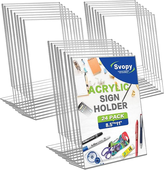 Acrylic Sign Stand Holders - 8.5 x 11 Inches Clear Plastic Table Paper Display Stand, Suit for Displaying Posters, Picture, Flyers, Menu - 24 Pack