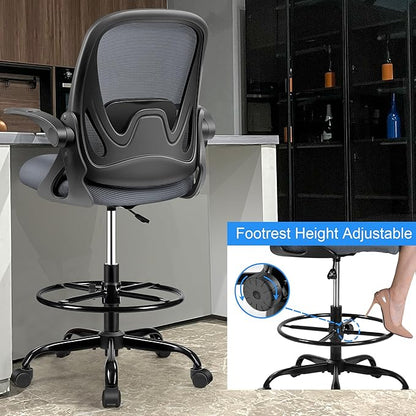 Drafting Chair Tall Office Chair with Flip-up Armrests, Adjustable Height, Enhanced Lumbar Support Ergonomic Rolling Stool, Back Support, Adjustable Foot Rest Ring for Standing Desk Dark Gray