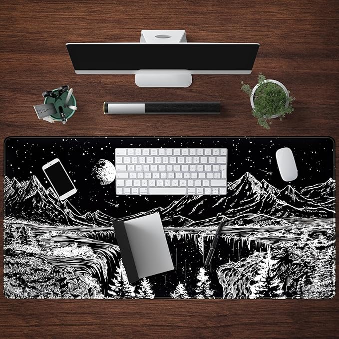 Black and White Desk Mat Dark Nature Forest Mouse pad XXL Starry Night Mountain Desk pad Aesthetic Moon and Stars Mousepad XXL for Laptop Computer Mouse Gaming Keyboard Mat, 31.5 X 15.8 in