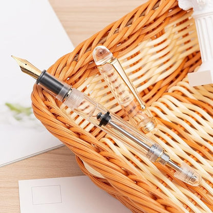 Asvine V126 Vacuum Filling Fountain Gold Plated Fine Point, Clear Demonstrator Pen, Large-Capacity with Gift Case