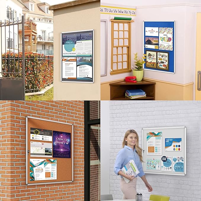 SWANCROWN Enclosed Bulletin Board Magnetic Dry Erase Noticeboard Lockable Display Boards White with Aluminium Frame 26x20inch(4xA4)