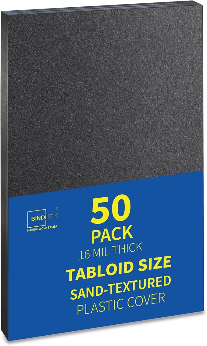 Binditek 50 Pack 16 Mil Sand-Textured Polycover, 11 x 17 Inches Binding Front and Back Covers, Lightly Textured Sand Finish, Heavyduty Binding Presentation Covers for Business Reports, Tabloid, Black